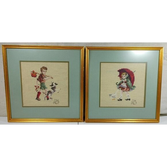 Boy Play with Dog Girl Walk with Umbrella Wall Hanging Frame Needlepoint Set 2 - Picture 1 of 12